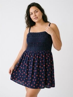 torrid Navy Sundress with Red Strawberries Skirt and Crochet Bodice